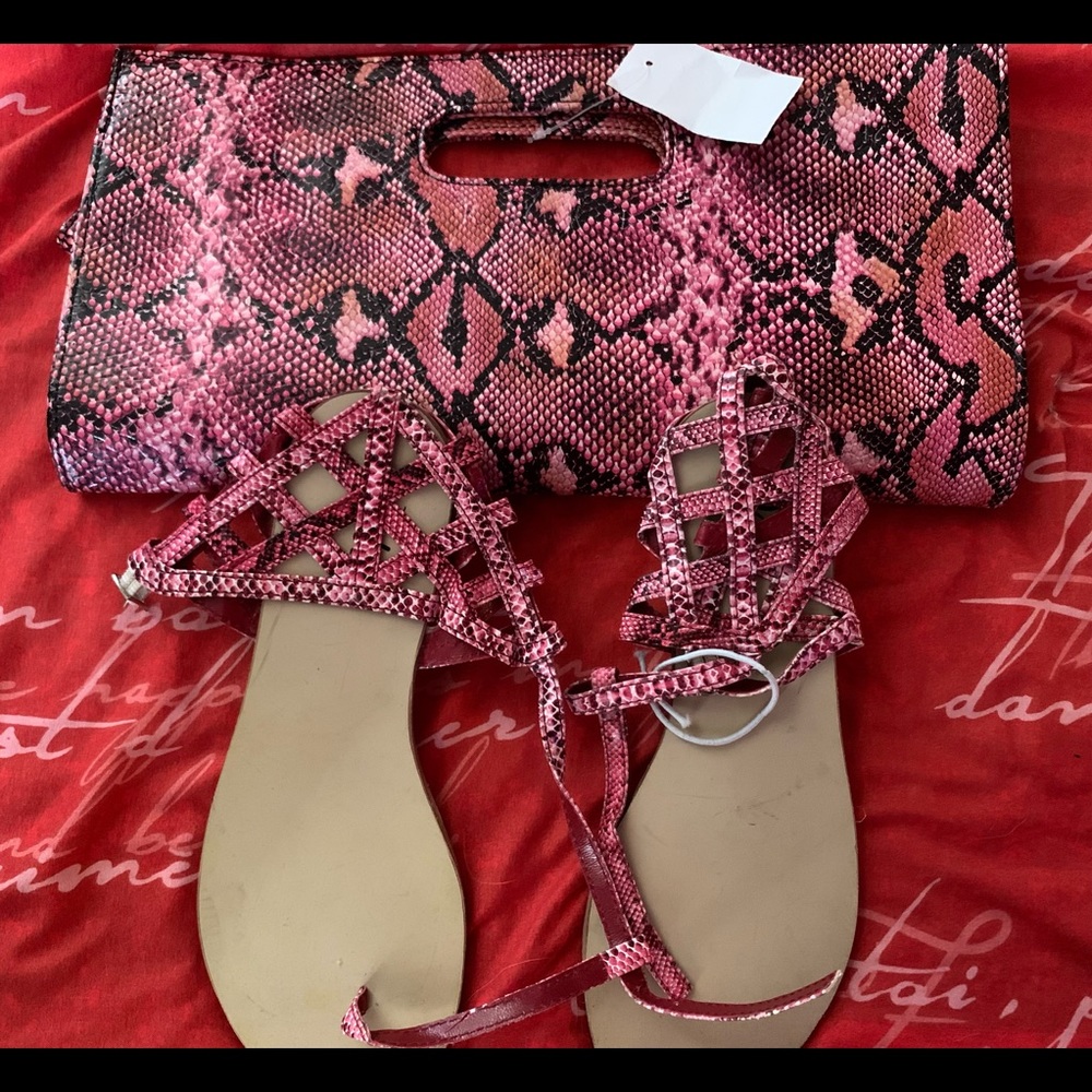 Pink snake skinned purse with matching sandals